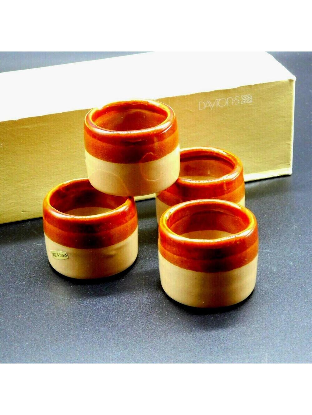 4 Stoneware Boho Napkin Rings Brown Glazed Pottery 2-Tone Original Dayton's Box